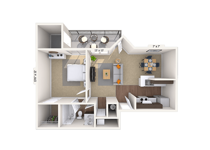 Floor plan for 1 bed, 1 bath, 652 sqft