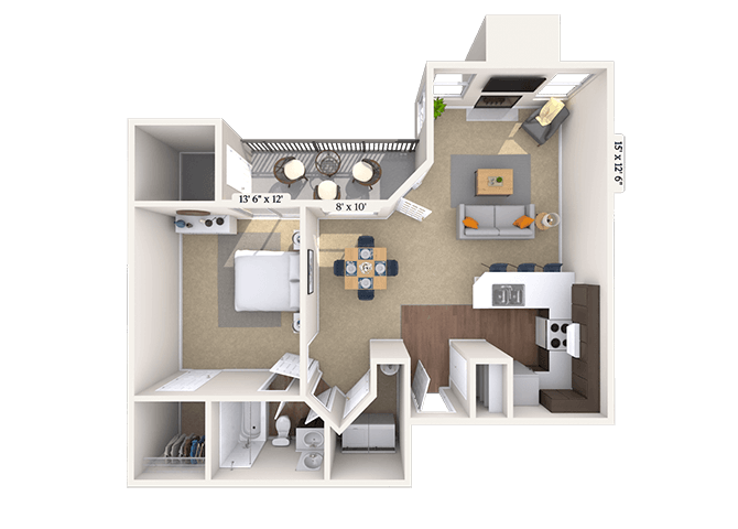 Floor plan for 1 bed, 1 bath, 796 sqft