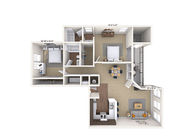 Floor plan for 2 beds, 2 baths, 1056 sqft
