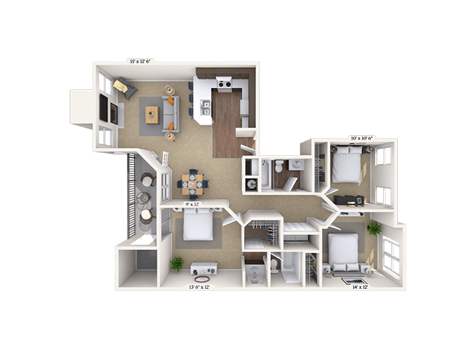 Floor plan for 3 beds, 2 baths, 1208 sqft
