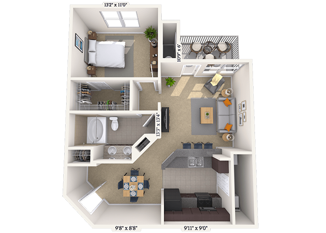 Floor plan for 1 bed, 1 bath, 770 sqft