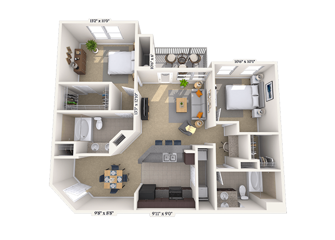 Floor plan for 2 beds, 2 baths, 1042 sqft