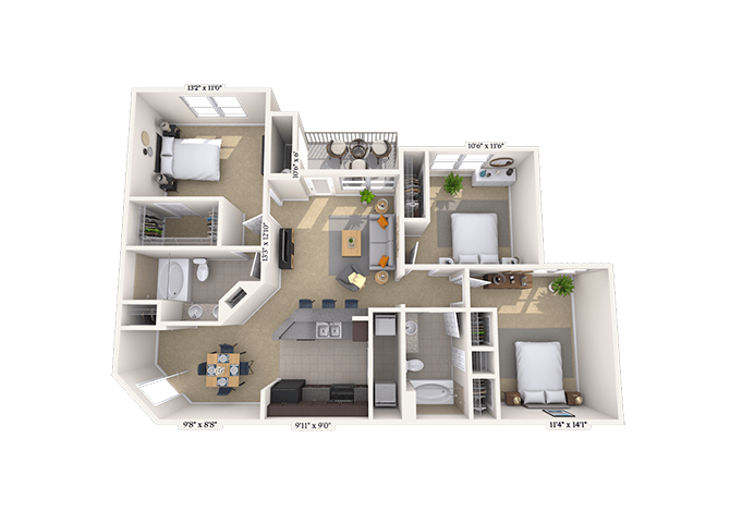 Floor plan for 3 beds, 2 baths, 1222 sqft