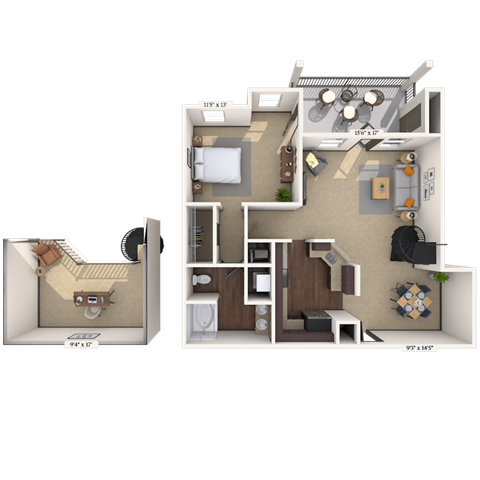 Floor plan for 1 bed, 1 bath, 704 sqft