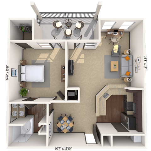 Floor plan for 1 bed, 1 bath, 922 sqft