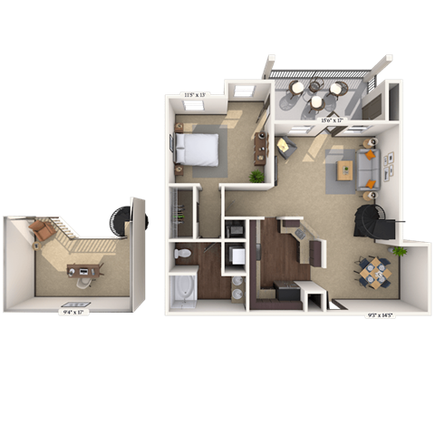 Floor plan for 1 bed, 1 bath, 1071 sqft