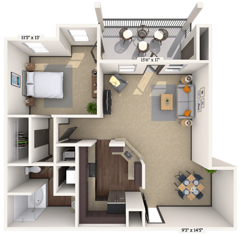 Floor plan for 1 bed, 1 bath, 922 sqft