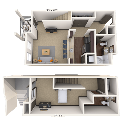 Floor plan for 1 bed, 1.5 baths, 839 sqft