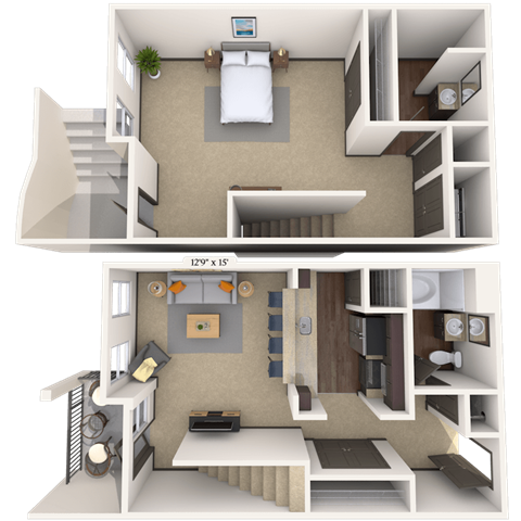 Floor plan for 1 bed, 2 baths, 1087 sqft