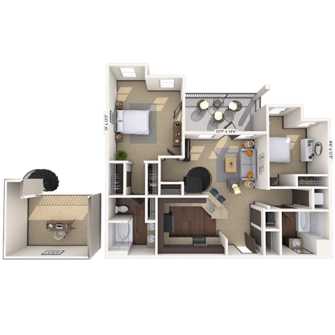 Floor plan for 2 beds, 2 baths, 1159 sqft
