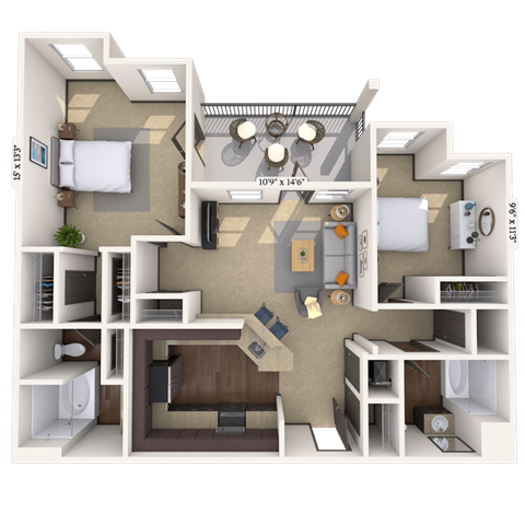 Floor plan for 2 beds, 2 baths, 1014 sqft