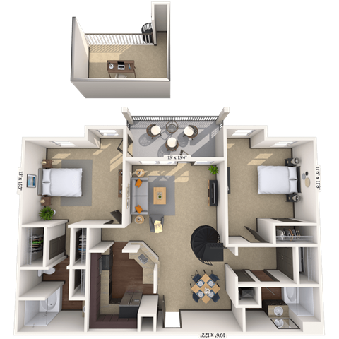 Floor plan for 2 beds, 2 baths, 1414 sqft
