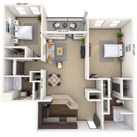 Floor plan for 2 beds, 2 baths, 1240 sqft