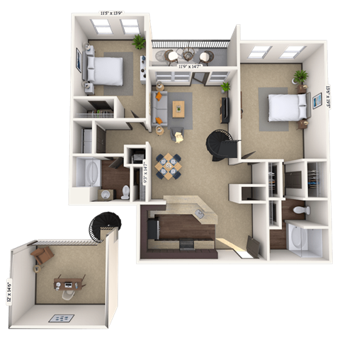 Floor plan for 2 beds, 2 baths, 1463 sqft