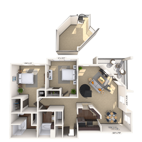 Floor plan for 2 beds, 2 baths, 1465 sqft