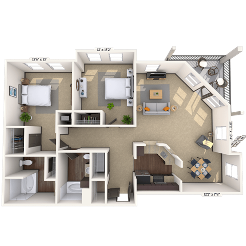 Floor plan for 2 beds, 2 baths, 1270 sqft