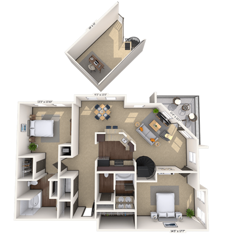 Floor plan for 2 beds, 2 baths, 1598 sqft