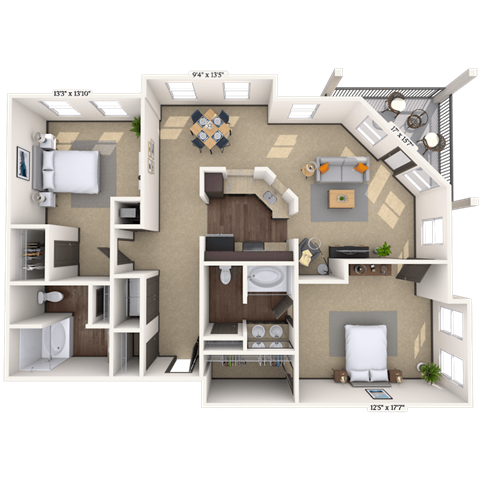 Floor plan for 2 beds, 2 baths, 1384 sqft