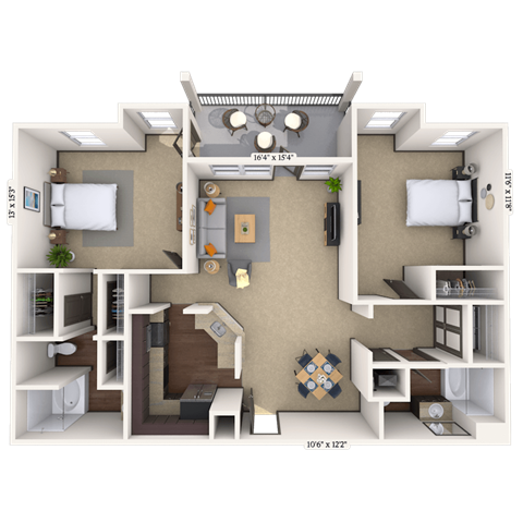 Floor plan for 2 beds, 2 baths, 1254 sqft
