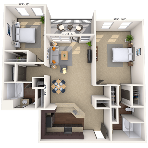 Floor plan for 2 beds, 2 baths, 1284 sqft