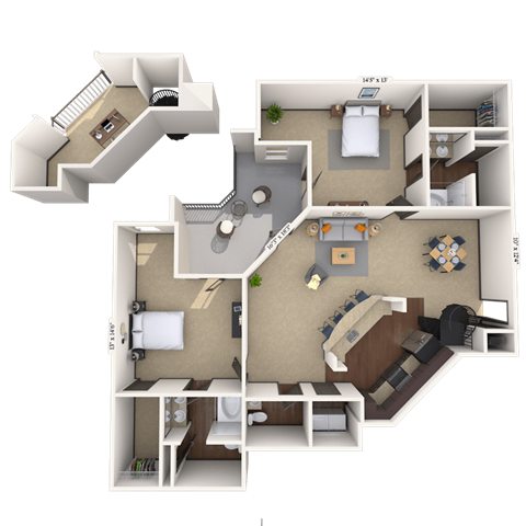 Floor plan for 2 beds, 2.5 baths, 1578 sqft