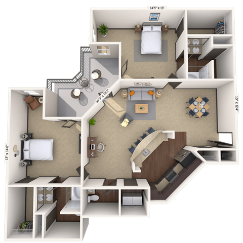 Floor plan for 2 beds, 2.5 baths, 1405 sqft