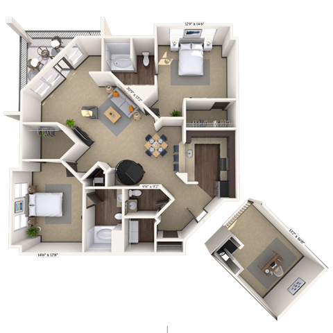 Floor plan for 2 beds, 2.5 baths, 1614 sqft