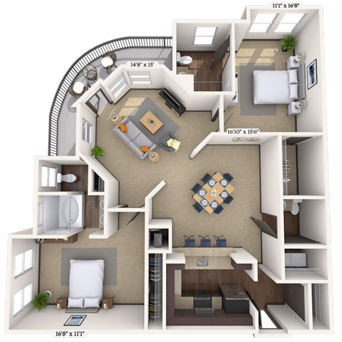 Floor plan for 2 beds, 2.5 baths, 1293 sqft