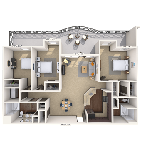 Floor plan for 3 beds, 2 baths, 1424 sqft