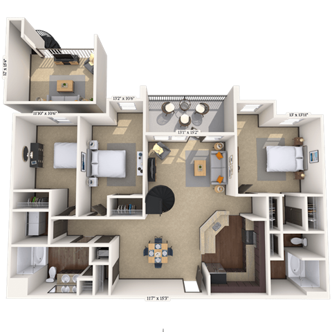 Floor plan for 3 beds, 2 baths, 1628 sqft