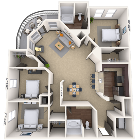 Floor plan for 3 beds, 2 baths, 1521 sqft