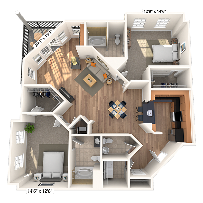 Floor plan for 2 beds, 2.5 baths, 1422 sqft