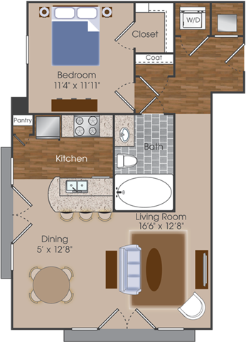 Floor plan for 1 bed, 1 bath, 766 sqft