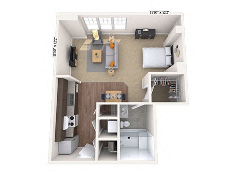 Floor plan for studio, 1 bath, 595 sqft