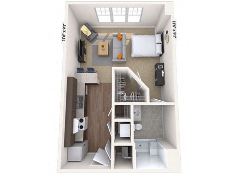 Floor plan for studio, 1 bath, 496 sqft