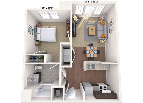 Floor plan for 1 bed, 1 bath, 686 sqft
