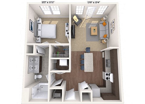 Floor plan for 1 bed, 1 bath, 847 sqft