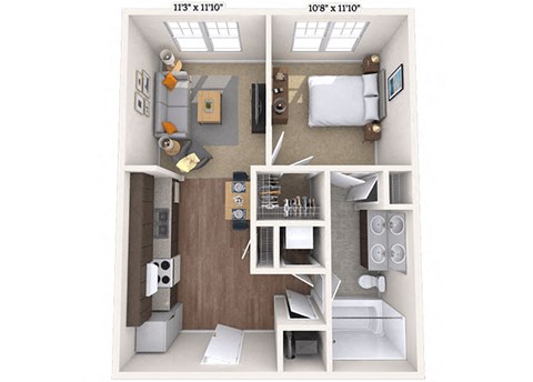 Floor plan for 1 bed, 1 bath, 603 sqft