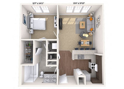 Floor plan for 1 bed, 1 bath, 907 sqft