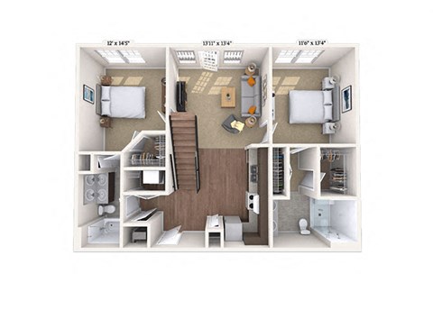 Floor plan for 2 beds, 2 baths, 1167 sqft