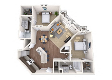 Floor plan for 2 beds, 2 baths, 1208 sqft