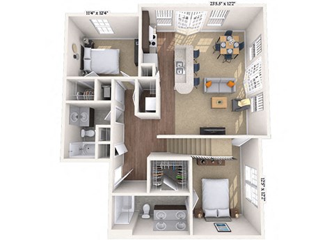 Floor plan for 2 beds, 2 baths, 1227 sqft
