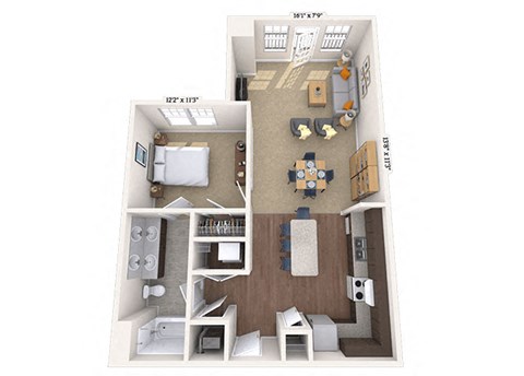 Floor plan for 1 bed, 1 bath, 953 sqft