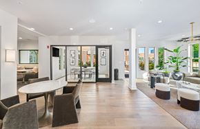 Charlotte apartment for rent - A modern dining room with a long table and chairs.