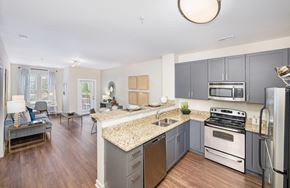Charlotte apartment for rent - A kitchen with a granite countertop and stainless steel appliances.