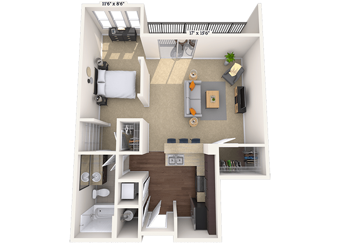 Floor plan for studio, 1 bath, 788 sqft
