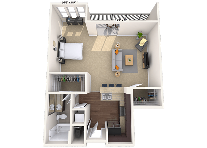 Floor plan for studio, 1 bath, 737 sqft