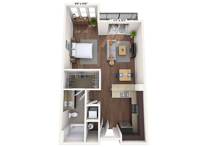 Floor plan for studio, 1 bath, 597 sqft