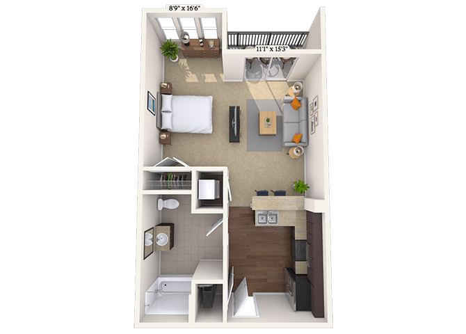Floor plan for studio, 1 bath, 597 sqft