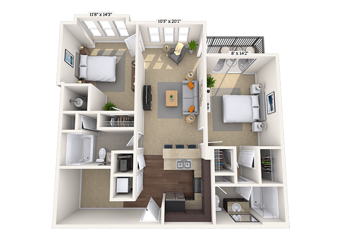 Floor plan for 2 beds, 2 baths, 1028 sqft